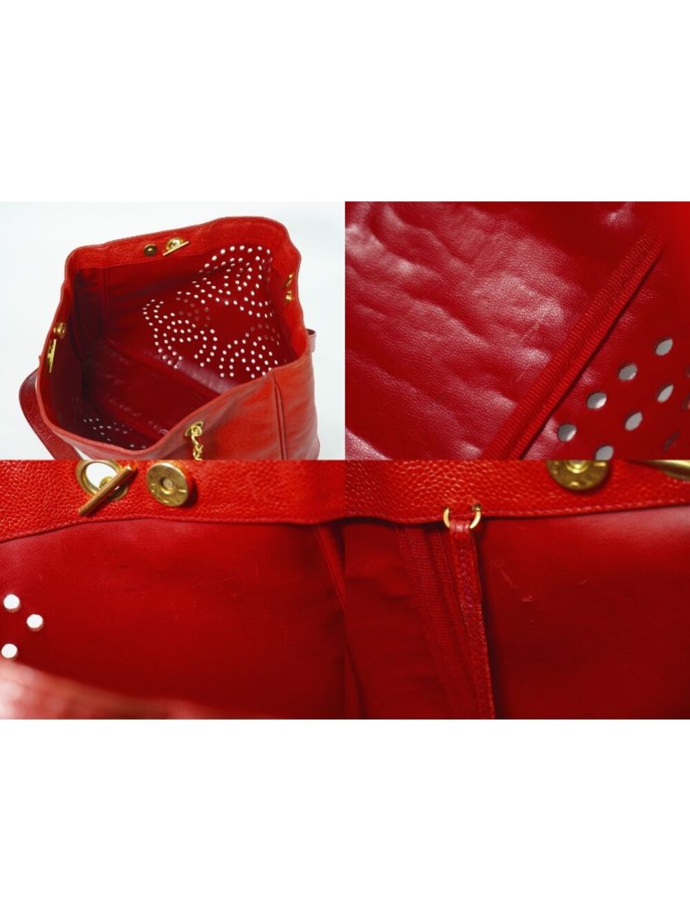 Chanel Perforated Triple CC Logo Shoulder Bag Tote Caviar Leather Red - Picture 8 of 9